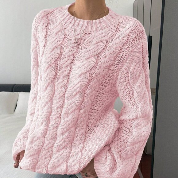 Pink Casual Women's Hemp Pattern Round Collar Wide Sleeve Long Sleeve Sweater - Picture 6 of 9